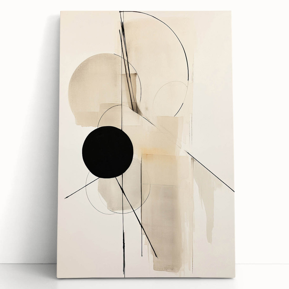 Abstract minimalist wall art print on stretched canvas, featuring soft pastel colors and geometric shapes, leaning against a neutral wall for a modern decor aesthetic.
