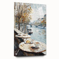 Large abstract wall art on acrylic glass featuring vibrant hues of blue and orange, ideal for dining room decor.