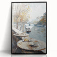 Large abstract wall art featuring mid-century modernist style with vibrant hues of orange and blue, framed in black acrylic.