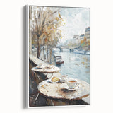 Vintage poster art of colorful food and drinks on a white framed canvas, ideal for living room decor.