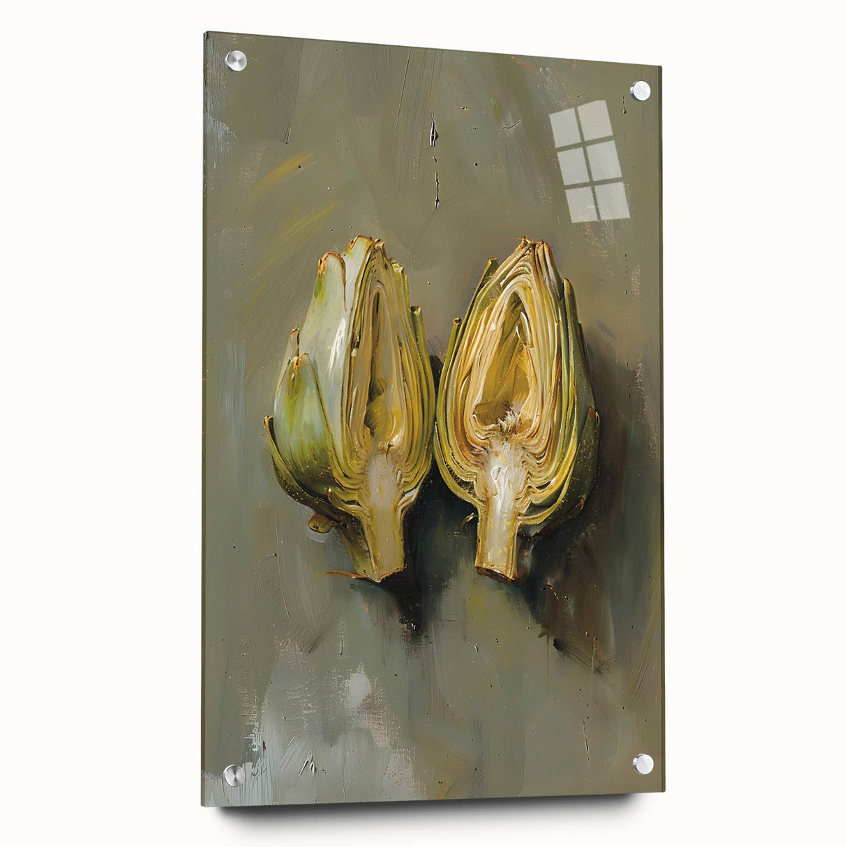 Acrylic print of large abstract fruit designs in vibrant colors, ideal for dining room decor.