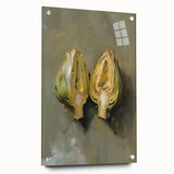 Acrylic print of large abstract fruit designs in vibrant colors, ideal for dining room decor.