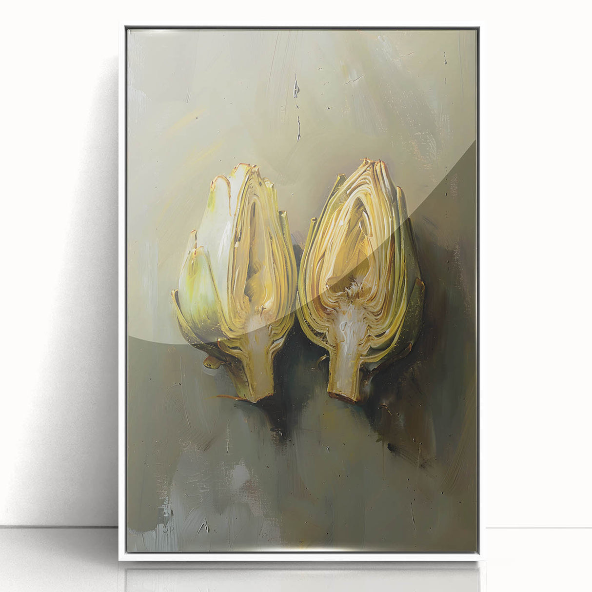 Art deco poster featuring an array of colorful fruits on a white acrylic framed print, suitable for modern nursery decor.