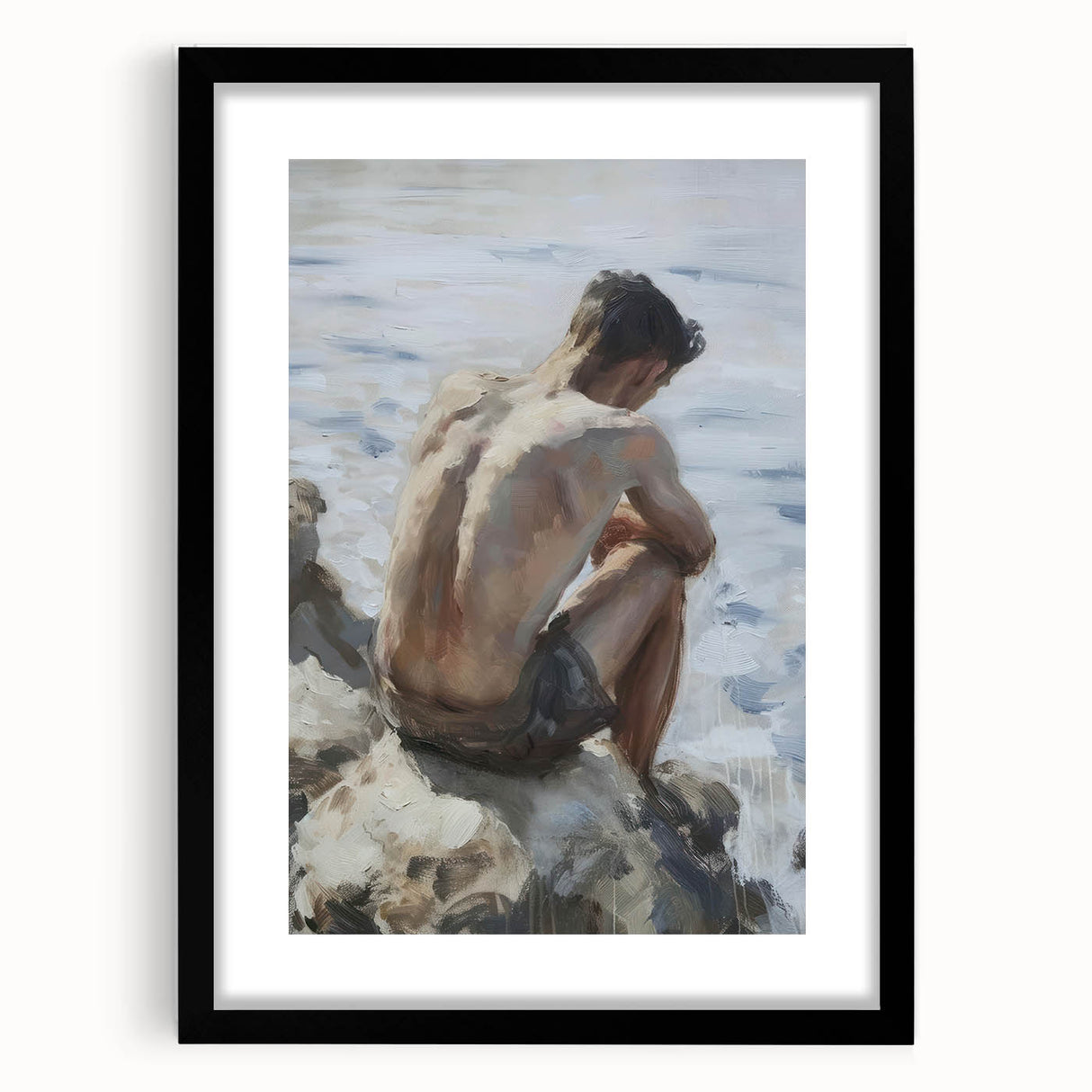 Abstract figurative art framed in black, showcasing a modern design with a matte finish. Ideal for contemporary decor, enhancing any living space's aesthetic.