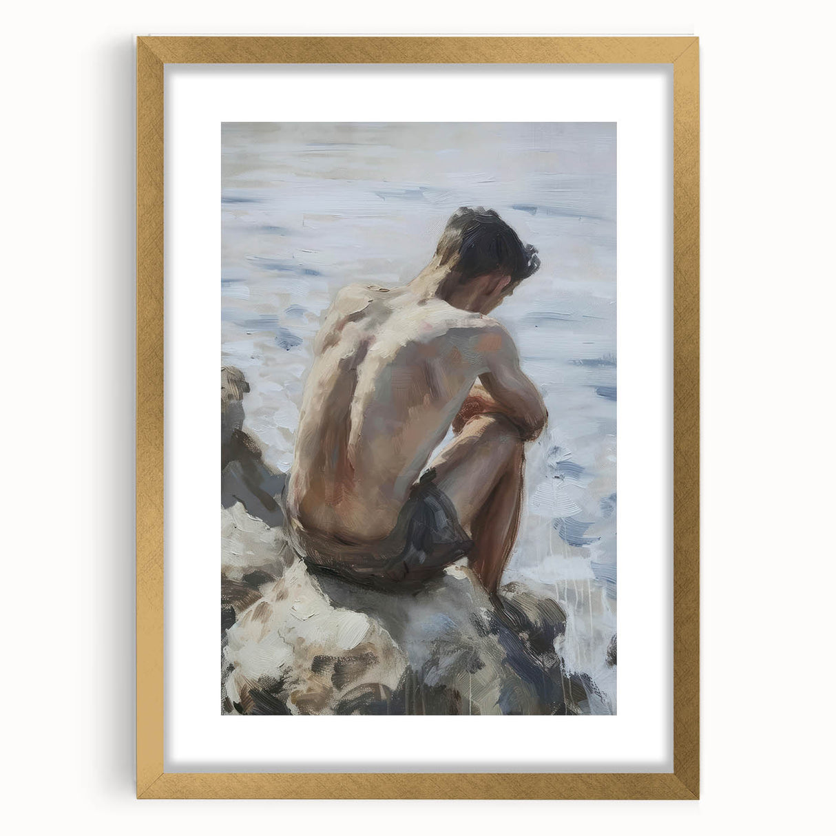 Abstract figurative art frame in gold, showcasing a modern design with a mat, perfect for enhancing home decor. Ideal for art enthusiasts seeking elegance.