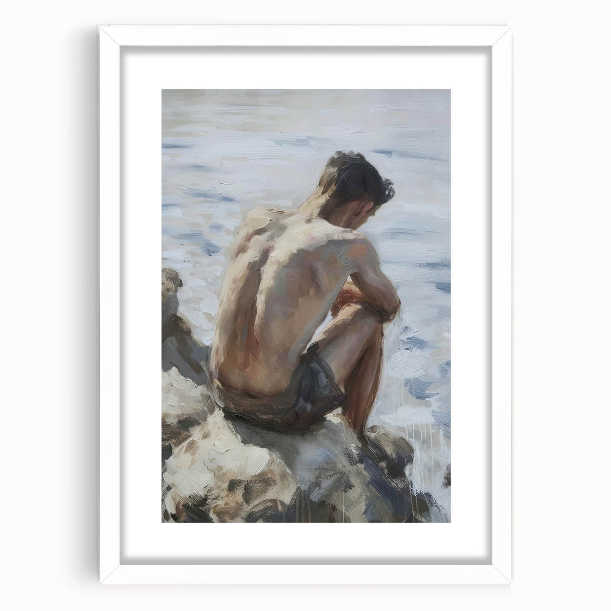 Abstract figurative art framed in a sleek white mat, showcasing vibrant colors and dynamic shapes, perfect for modern home decor and artistic expression.