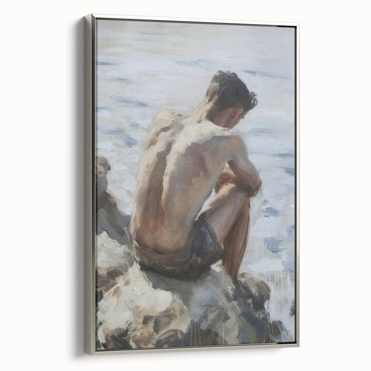 Abstract figurative framed canvas artwork with a sleek silver frame, showcasing vibrant colors and fluid shapes that evoke emotion, perfect for modern decor.