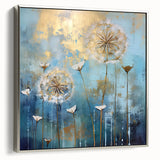 Framed canvas artwork showcasing an abstract floral design in vibrant colors, set against a sleek silver frame, ideal for modern home decor.