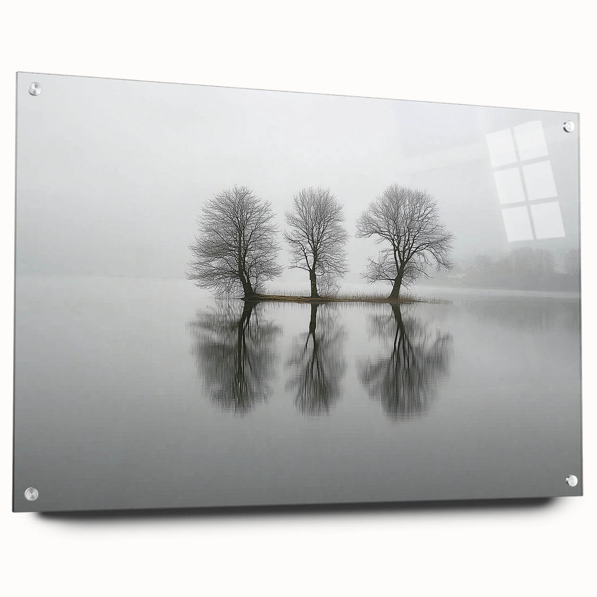 Abstract landscape artwork displayed in a side view, showcasing vibrant colors and intricate details, expertly mounted with pins on a sleek acrylic glass surface, perfect for modern decor.