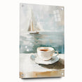 Large abstract wall art on acrylic glass featuring swirling blue and white patterns, ideal for dining room decor.