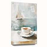 Large abstract wall art on acrylic glass featuring swirling blue and white patterns, ideal for dining room decor.