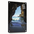 Acrylic artwork depicting a serene landscape with caves, set against a vibrant backdrop, showcasing intricate details and colors. Ideal for modern home decor.