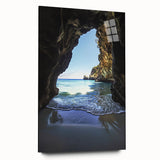 Acrylic landscape artwork depicting a serene cave scene, showcasing vibrant colors and intricate details, displayed in a stylish glass frame without pins.