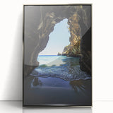 Framed acrylic artwork showcasing a stunning landscape scene with intricate cave formations and silver accents, ideal for modern home decor.