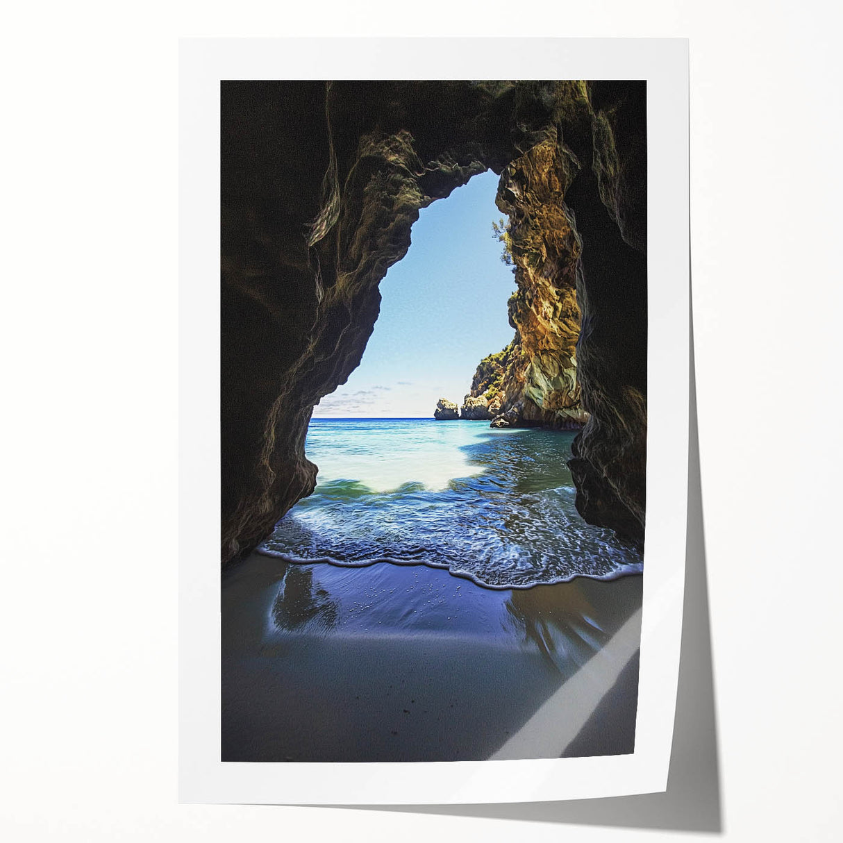 Stunning rolled print showcasing a vibrant landscape scene with intricate cave formations, perfect for home decor. Presented in a durable cardboard tube for safe storage and transport.