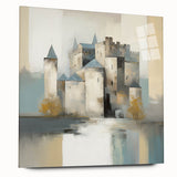 Abstract architectural wall art displayed in a sleek acrylic glass frame, showcasing intricate geometric patterns and vibrant colors, perfect for modern decor.