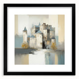 Abstract architectural wall art framed in black with a white mat, showcasing geometric shapes and lines, perfect for modern home decor.