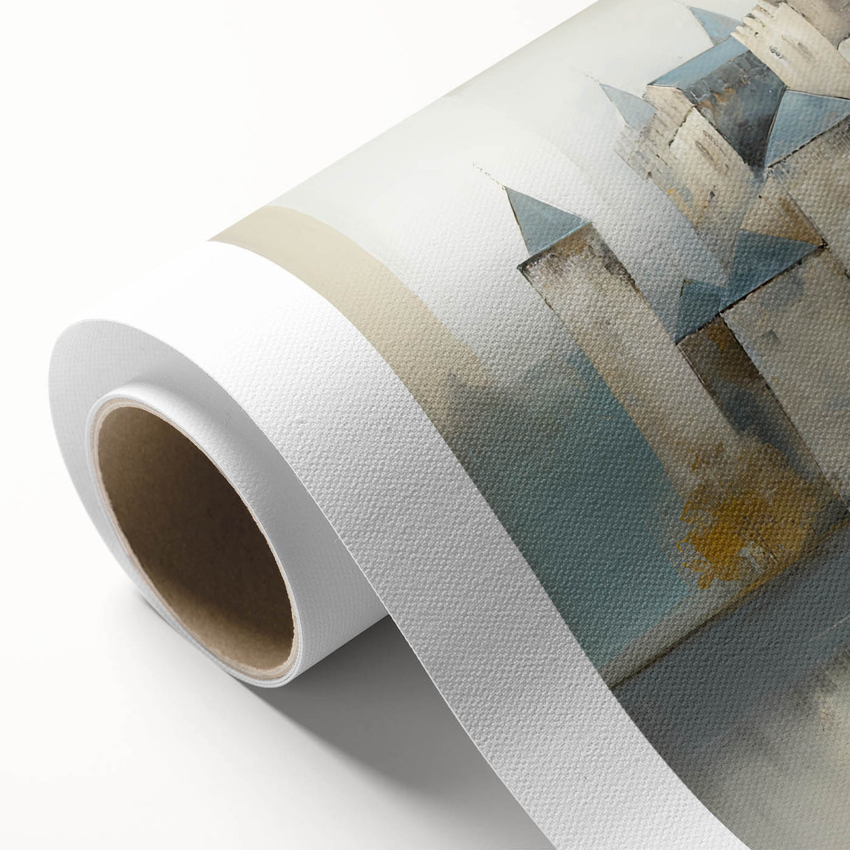 Abstract architectural wall art on rolled canvas, showcasing geometric shapes in vibrant colors, elegantly packaged in a protective cardboard tube. Perfect for modern home decor.