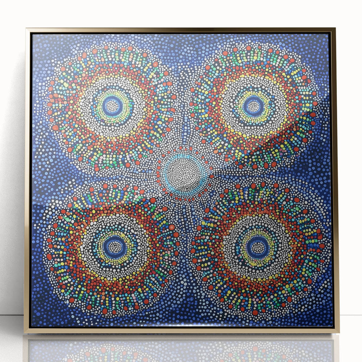 Framed acrylic art piece showcasing an abstract geometric design in gold tones, featuring sharp angles and a modern aesthetic, perfect for contemporary decor.