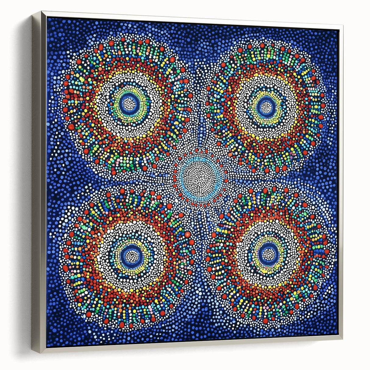 Abstract geometric framed canvas art in silver, showcasing intricate shapes and lines, perfect for modern home decor. Ideal for creating a stylish focal point in any room.
