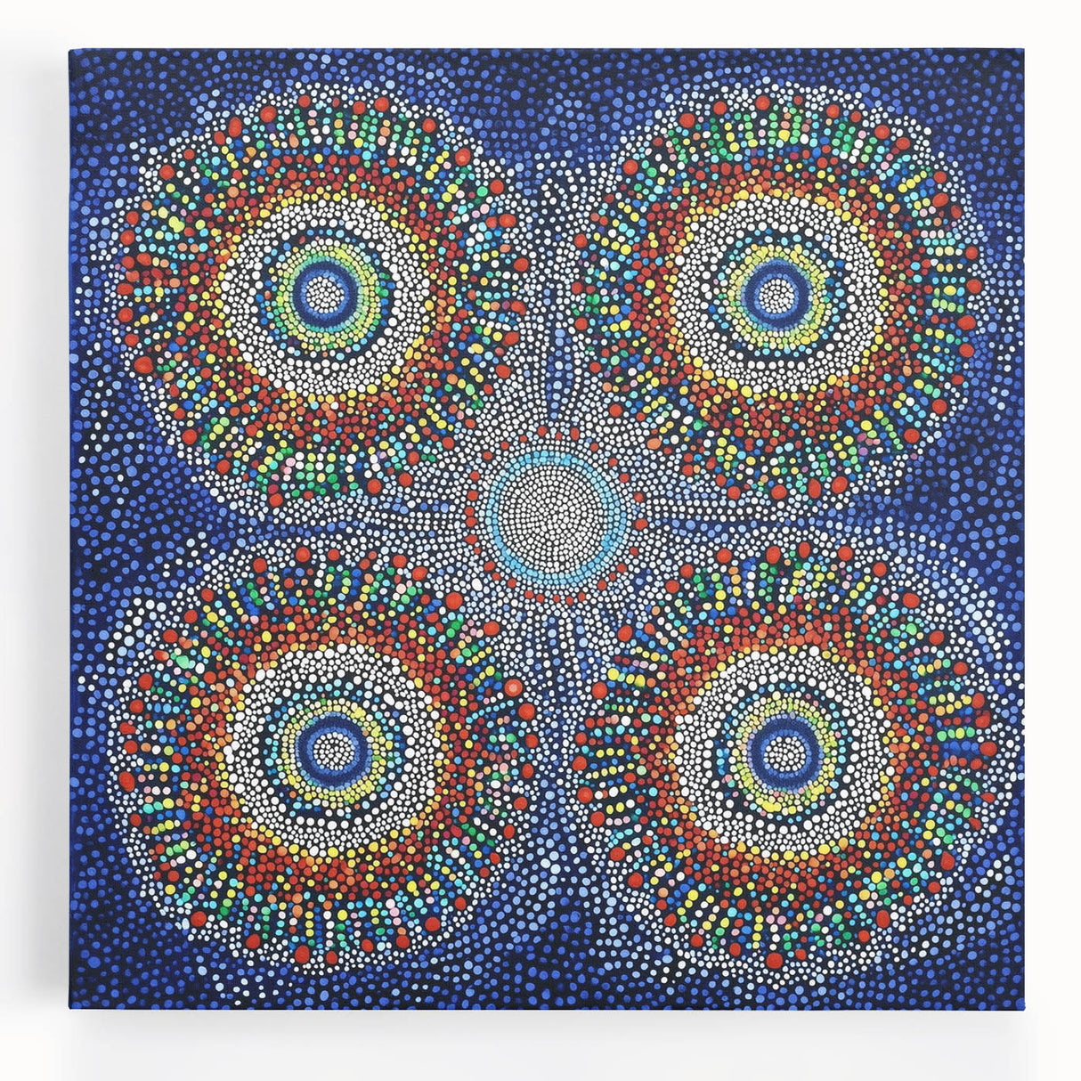 Abstract geometric stretched canvas artwork showcasing vibrant colors and dynamic shapes, perfect for modern home decor, enhancing contemporary interior spaces.