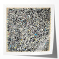 Colorful abstract splatter art print on glossy canvas, showcasing vibrant hues of blue, pink, and yellow. Ideal for modern home decor or gallery displays.