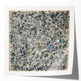 Colorful abstract splatter art print on glossy canvas, showcasing vibrant hues of blue, pink, and yellow. Ideal for modern home decor or gallery displays.