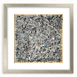 Abstract splatter art frame showcasing vibrant colors of blue, pink, and gold, set against a sleek silver mat, ideal for modern home decor aesthetics.