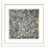 Abstract splatter art frame with a white mat, showcasing vibrant paint splashes in blue, pink, and yellow, ideal for modern home decor or gallery displays.