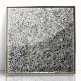 Framed acrylic artwork showcasing abstract silver splatters on a textured background, ideal for modern home decor, adding elegance to any space.