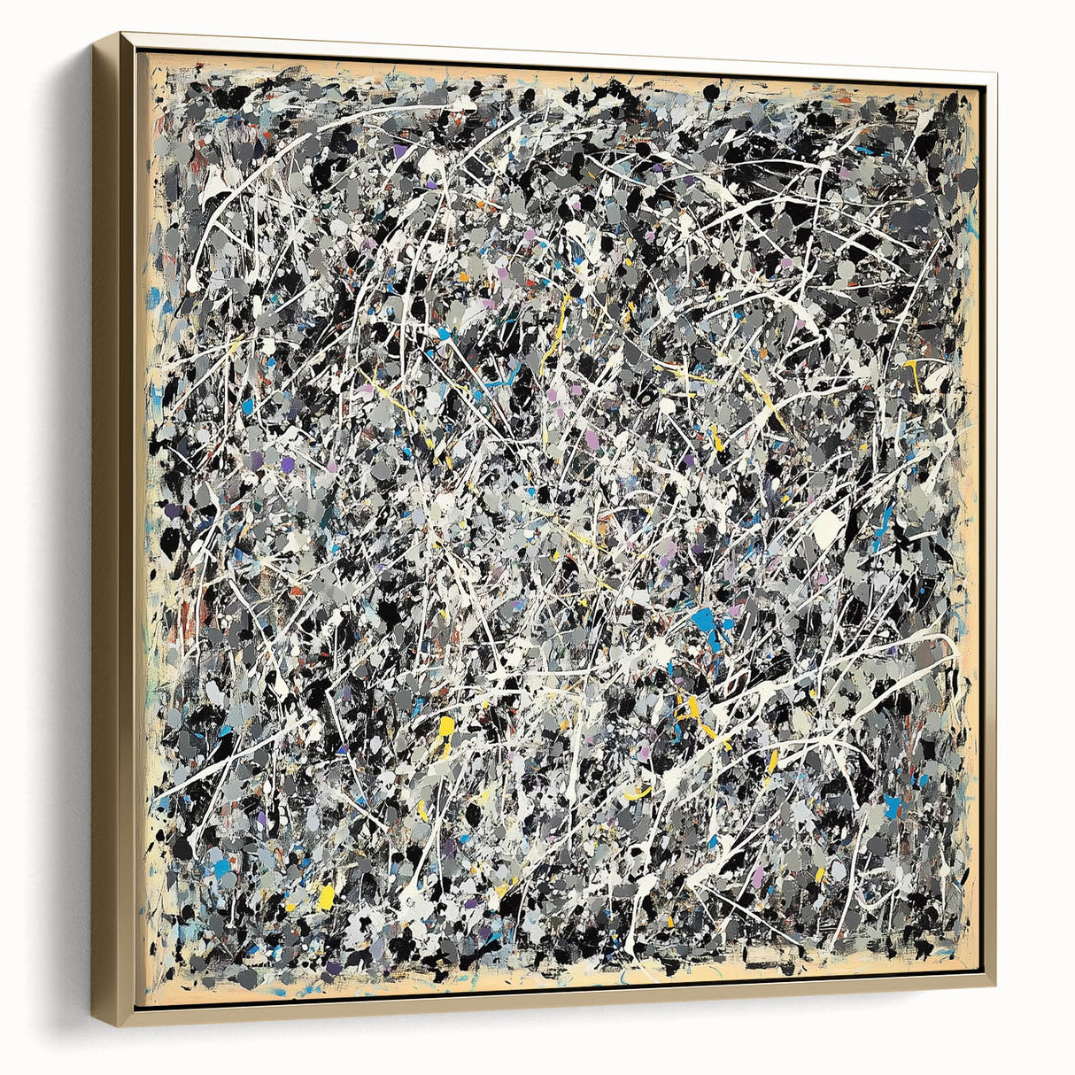 Framed canvas artwork showcasing an abstract design with silver and gold splatters, perfect for modern home decor. Ideal for adding elegance to living spaces.