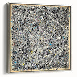 Framed canvas art showcasing abstract splatters in vibrant colors with a sleek silver frame, perfect for modern home decor or gallery settings.