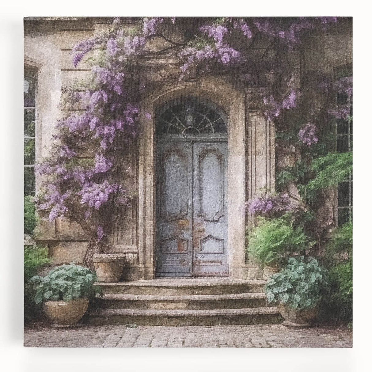 Black and white photo of a French door architecture on stretched canvas, suitable for kitchen wall art.