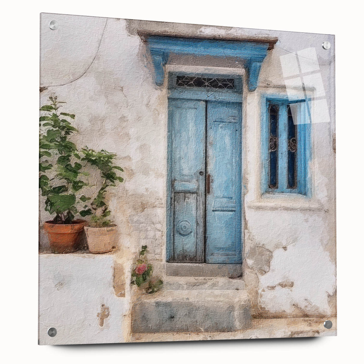 Acrylic print of a Greek architecture door design in earth tones, suitable for dining room or bedroom decor.