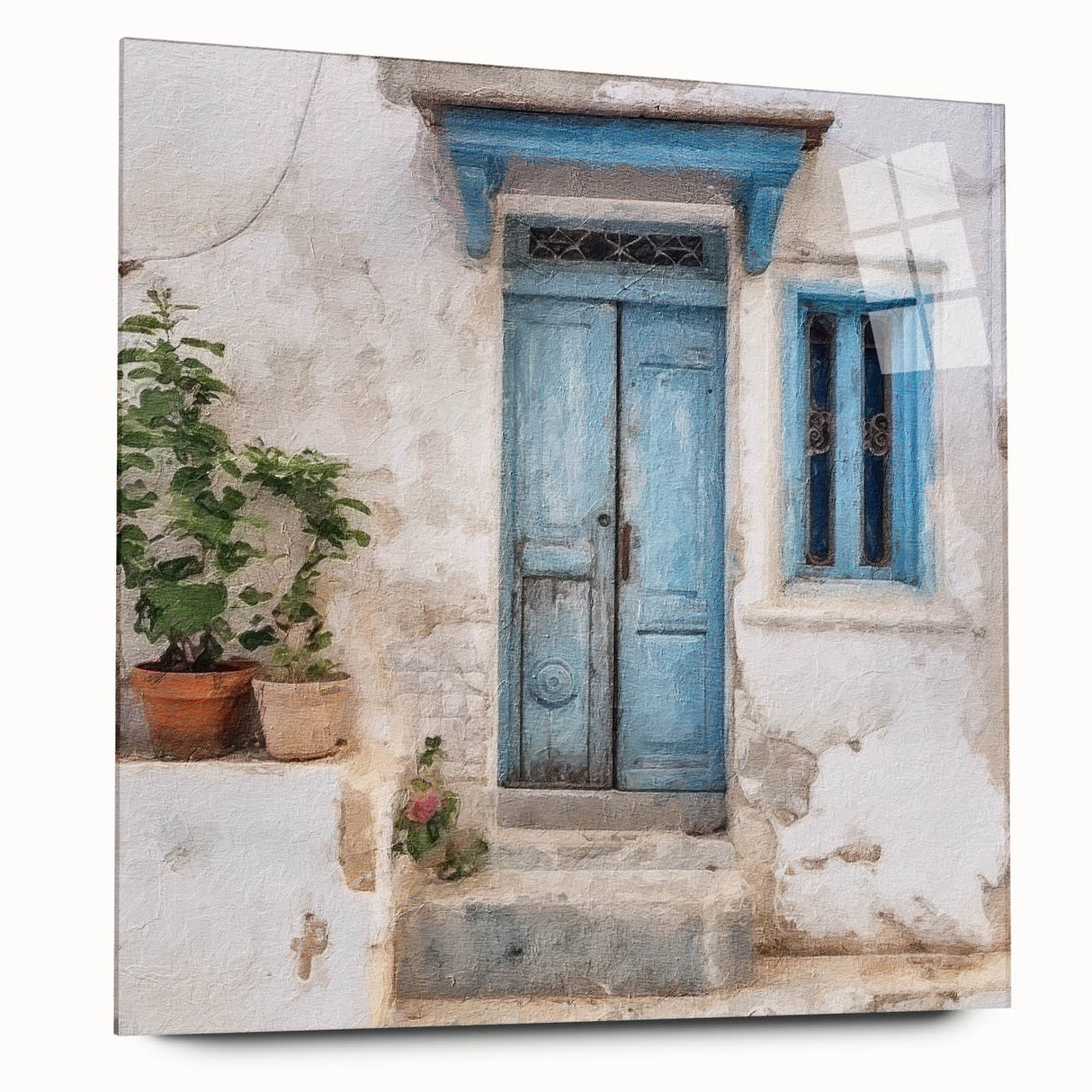 Acrylic print of a large abstract door design in muted earth tones, ideal for bedroom or dining room art.