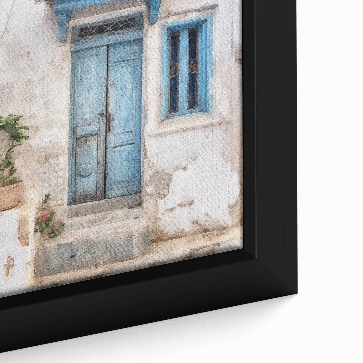 Close-up of a black framed canvas featuring a textured image of a colorful, Greek door, ideal for living room decor.