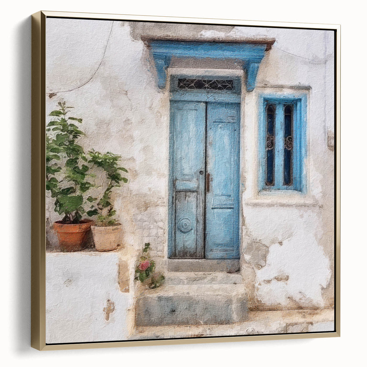 Framed canvas featuring a vintage poster art of a Greek architecture door in silver and gold tones.