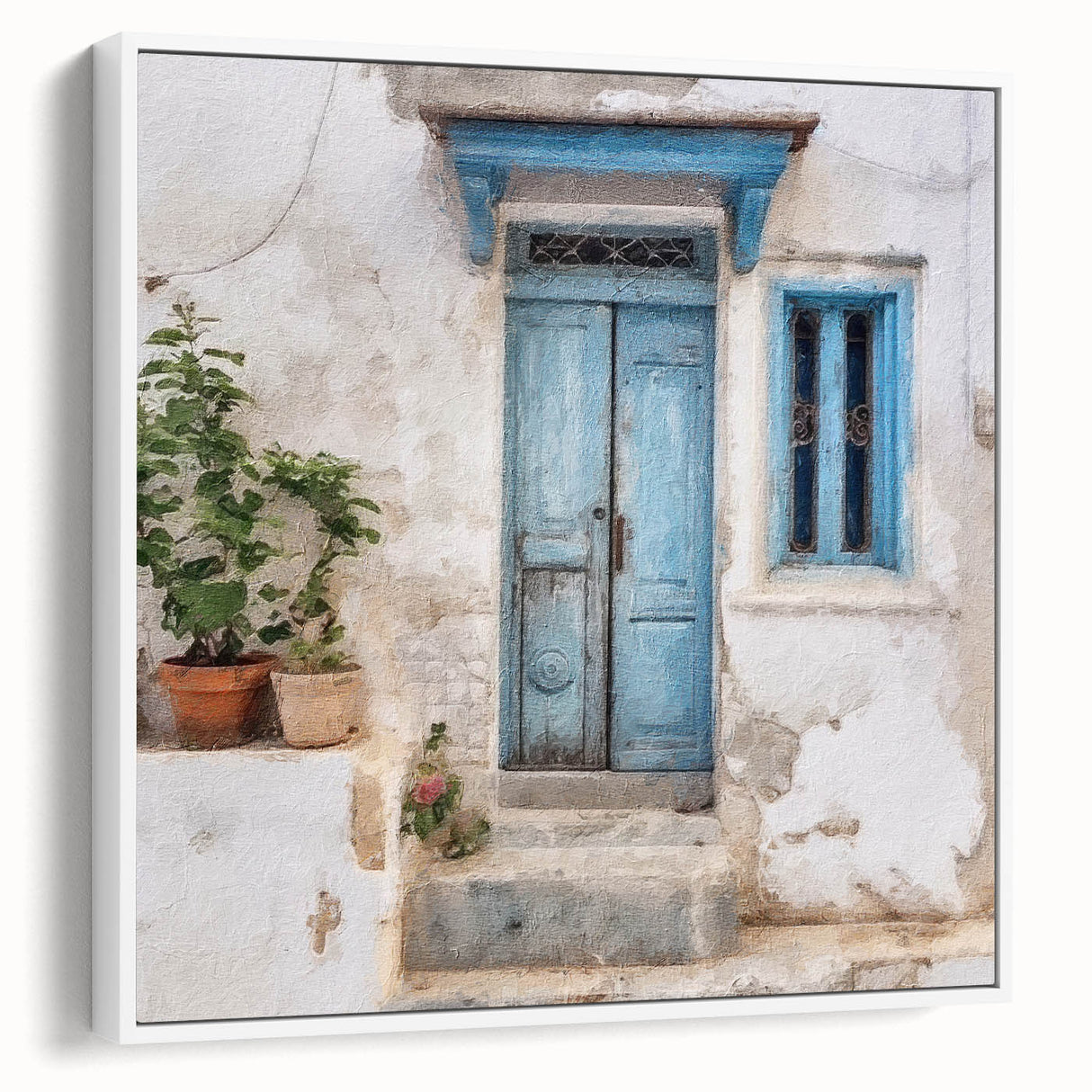 Vintage poster art of a Greek door architecture on a framed canvas in white, ideal for living room decor.