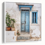 Vintage poster art of a Greek door architecture on a framed canvas in white, ideal for living room decor.