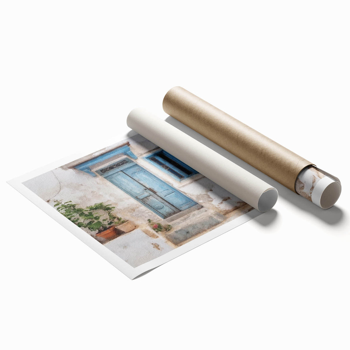Extra large rolled print depicting a Greek architecture door with floral art in muted earth tones.