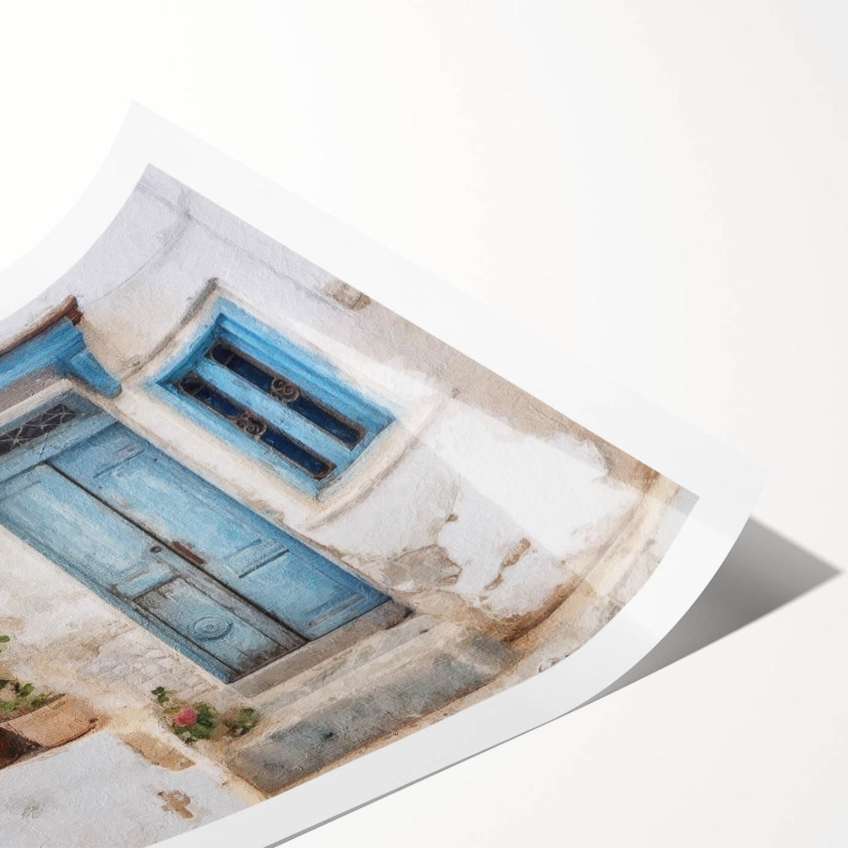 Extra large wall art featuring line art flowers on a Greek door architecture, ideal for large living room ambiance.