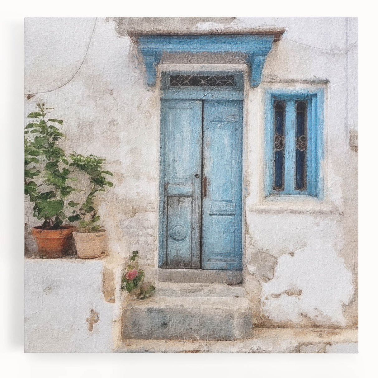 Black and white photograph of a Greek architecture door on stretched canvas, ideal for kitchen wall art.