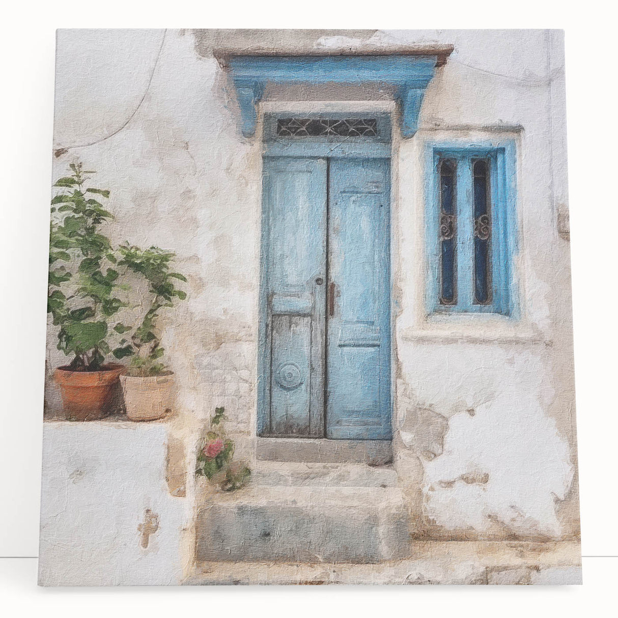 Black and white photo of a Greek architecture door on stretched canvas, suitable as kitchen wall art or for bedroom decor.