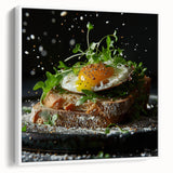 Vintage poster art of colorful dishes on a black background, framed canvas, ideal for living room decor.