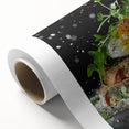 Art Deco poster featuring stylized dishes in muted blues and greens on rolled canvas, suitable for dining room.