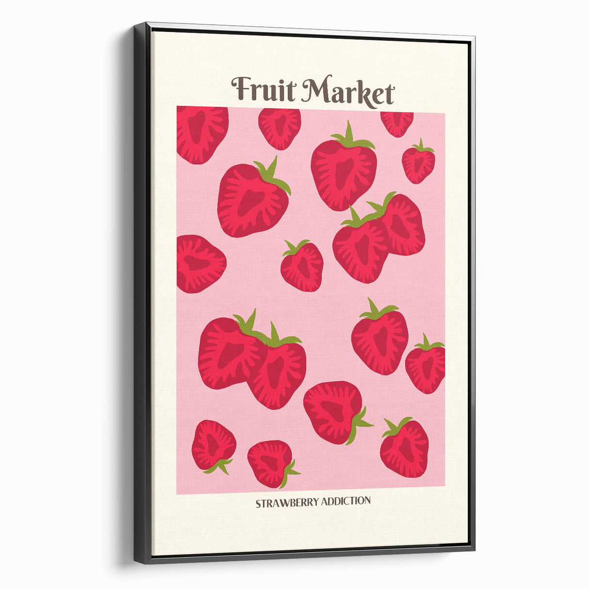 Black and white vintage poster art of assorted fruits on a framed canvas, ideal for bedroom decor.