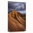 Desert landscape acrylic wall art displayed in a glass frame, showcasing warm earthy tones and intricate details, perfect for modern home decor.