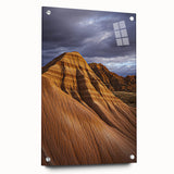 Desert landscape acrylic wall art displayed in a glass frame, showcasing warm earthy tones and intricate details, perfect for modern home decor.