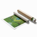 Impressionist floral artwork by Van Gogh on a rolled print, featuring vibrant blues and yellows.