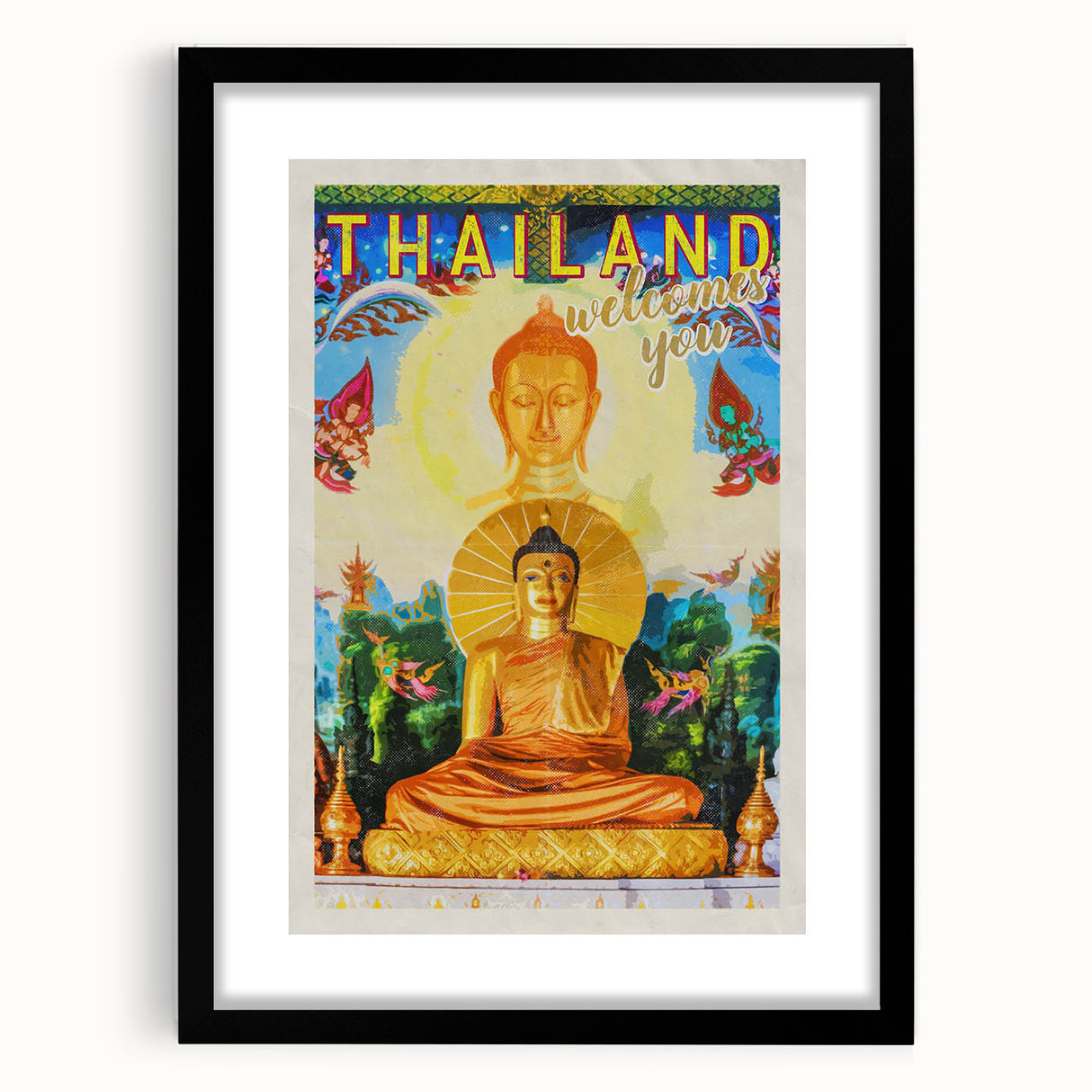 Bangkok Thailand Retro Travel Poster | Buddha Temple Welcome Art